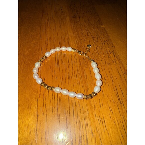 Gold Over 925 Stamped Sterling Silver Pearl Gold Beaded Bracelet Vintage - Picture 3 of 7